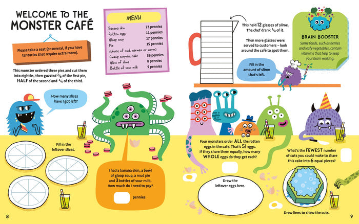 Bright double-page spread of a children's math activity book with monster illustrations and logic puzzles.