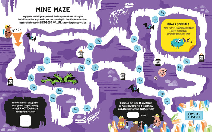 A purple mine-themed activity page featuring a fraction maze with hexagonal tiles, mole characters, and math puzzles.