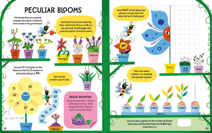 Vibrant activity book spread with cartoon bees, plants in pots with times, and flower-shaped math puzzles.