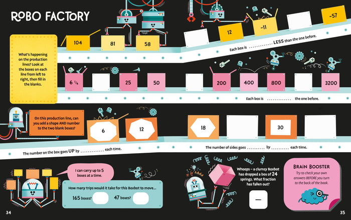 Vibrant robot-themed math activity pages featuring number sequence puzzles on illustrated factory assembly lines.