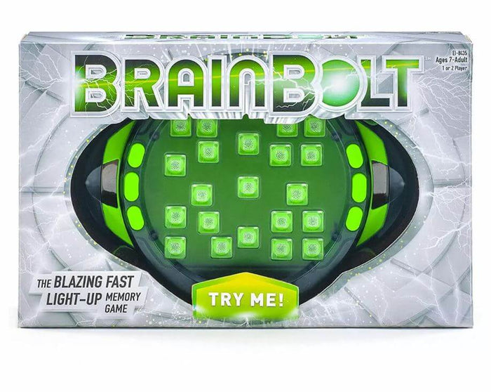 Handheld green oval device with glowing buttons in a silver box with lightning bolts and bold green lettering.