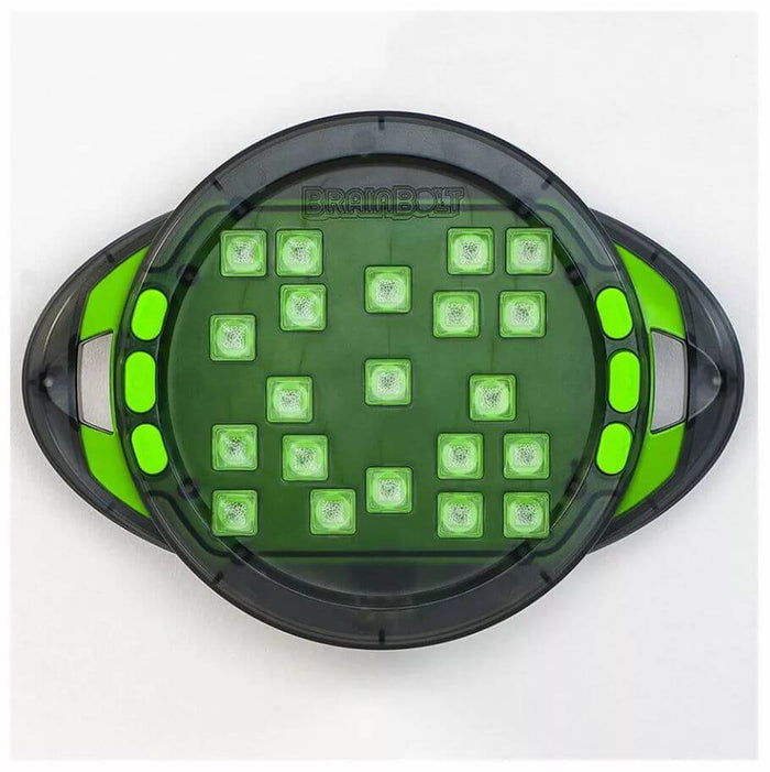 Handheld dark green electronic game with a grid of 21 square light-up tiles and lime green side grips.