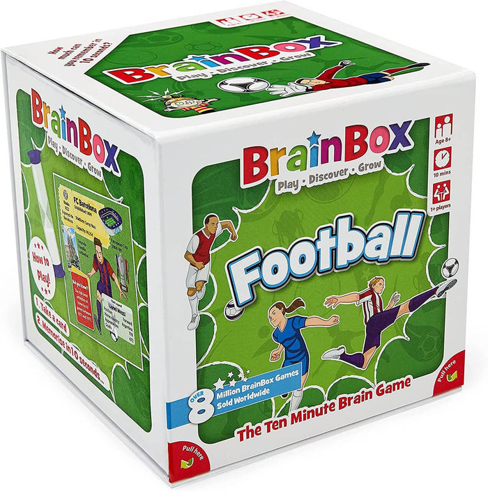 Green cube-shaped box for a football memory card game featuring cartoon soccer players and game play information icons.