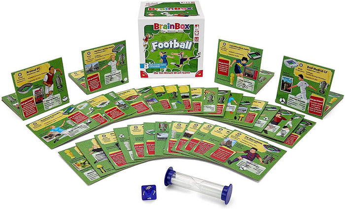 Illustrated football trivia cards spread around a green and white box with a blue die and sand timer.
