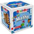 White and blue BrainBox Maths cube box with illustrations of number rockets, geometric shapes, and a sample game card.