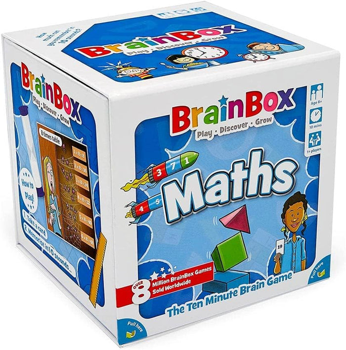 White and blue BrainBox Maths cube box with illustrations of number rockets, geometric shapes, and a sample game card.