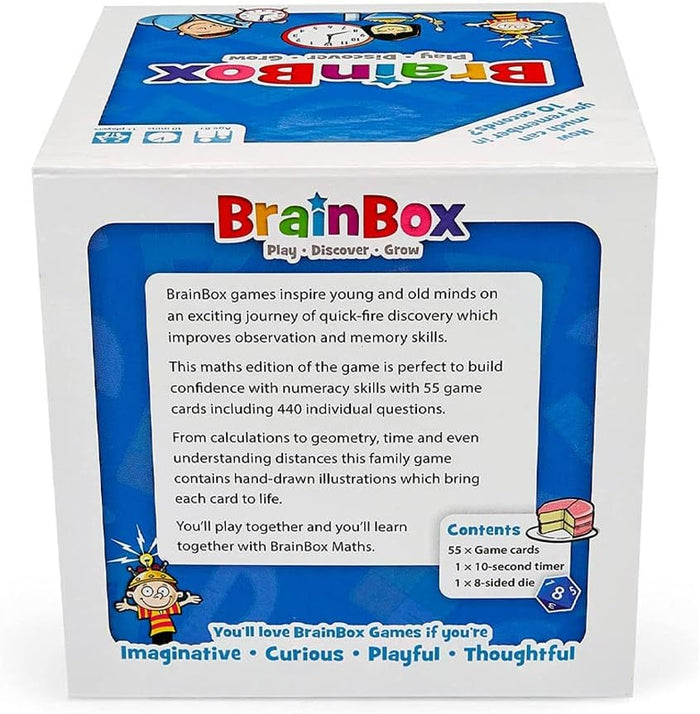 White cube box featuring blue labels, cartoon illustrations, and printed details about the BrainBox Maths memory game.