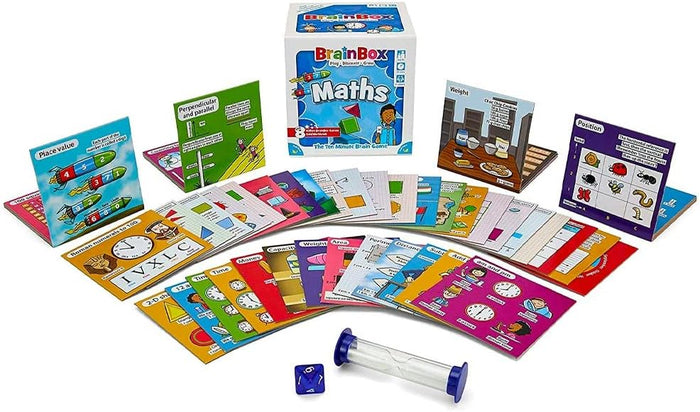 Colorful BrainBox Maths box with fanned-out illustrated cards, a blue sand timer, and a die on white background.