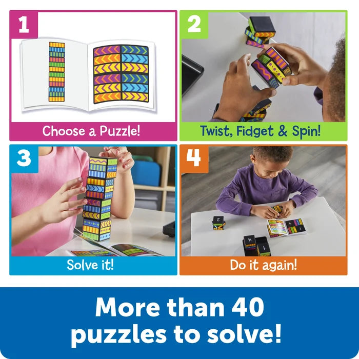 Four steps show picking a pattern from a booklet and stacking four colorful blocks to solve more than 40 puzzles.