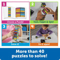 Four steps show picking a pattern from a booklet and stacking four colorful blocks to solve more than 40 puzzles.