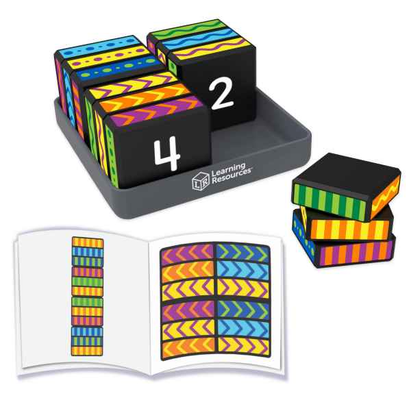 Colorful patterned blocks with numbers in a grey tray next to an open booklet showing matching logic puzzles.