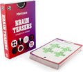 Red and purple Mensa Brain Teasers box next to a stack of white cards showing a green grid-based logic puzzle.
