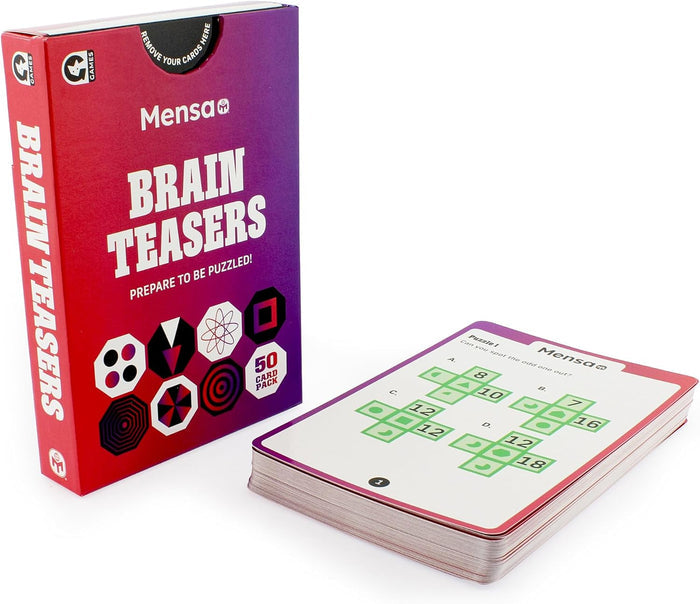 Red and purple Mensa Brain Teasers box next to a stack of white cards showing a green grid-based logic puzzle.