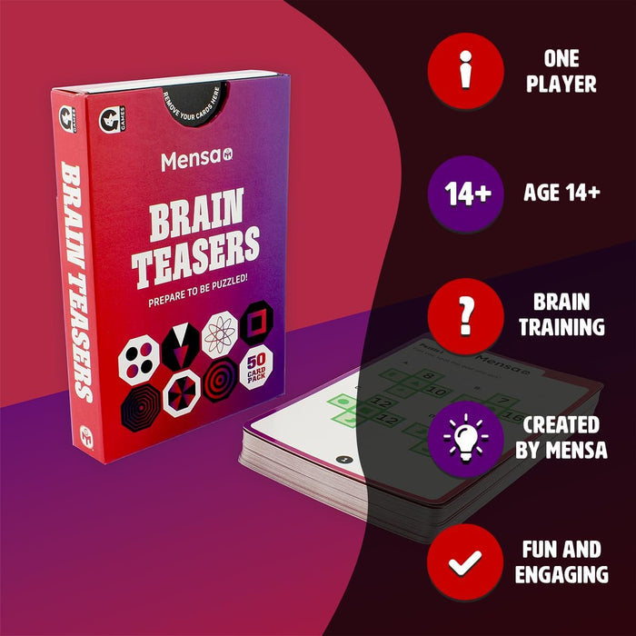 Red and purple Mensa Brain Teasers box and card stack with icons for one player, age 14+, and brain training.