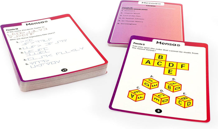 Mensa brainteaser cards showing a pigpen cipher, a cube net puzzle, and answers, with red and purple borders.