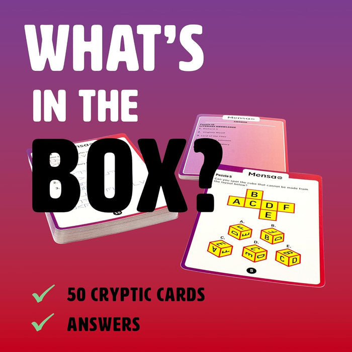 Mensa puzzle cards featuring a 3D cube logic game and answer sheet over a purple and red gradient background.