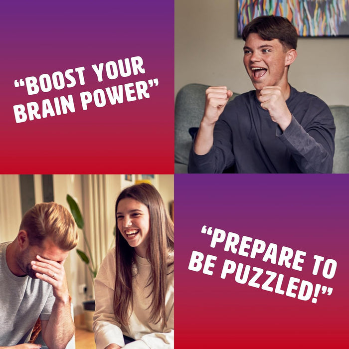 Purple and red 4-panel collage with text slogans and photos of people reacting with excitement and frustration.