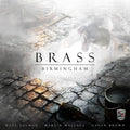 Brass Birmingham board game cover art: a rainy cobblestone street, glass bottle and bucket in dark, industrial tones.
