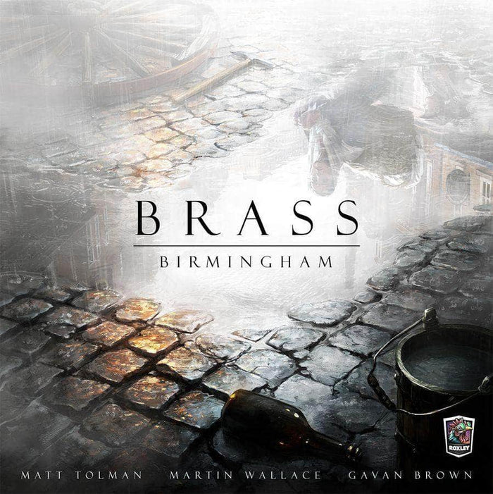 Brass Birmingham board game cover art: a rainy cobblestone street, glass bottle and bucket in dark, industrial tones.