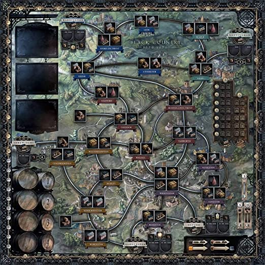 Dark industrial-themed board game map with interconnected city names, building icons, and an ornate score track border.