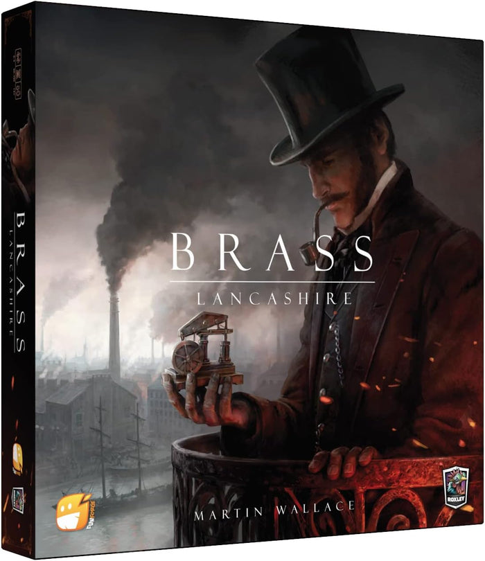 Square board game box with art of a man in a top hat overlooking a smoky Victorian industrial city with factories.