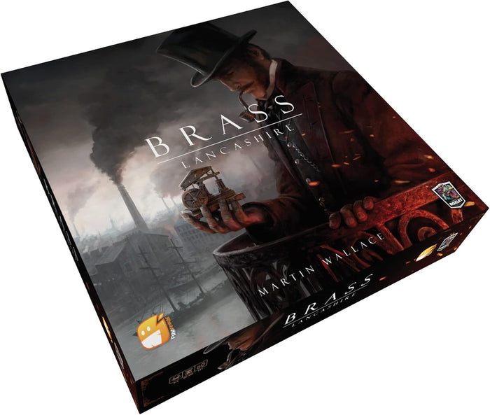 Rectangular box with dark art of a man in a top hat holding a machine model against a smoky, industrial cityscape.