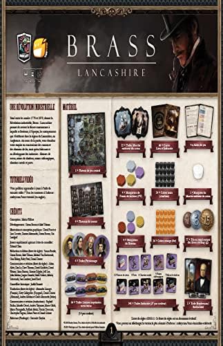 Brass: Lancashire game components list showing cards, tokens, and character tiles with a dark Victorian theme.