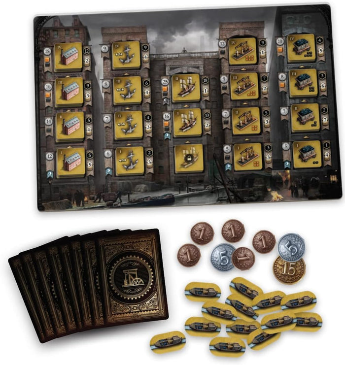 Industrial board game components: tile board, gear-design cards, metal coins, and yellow canal boat tokens.