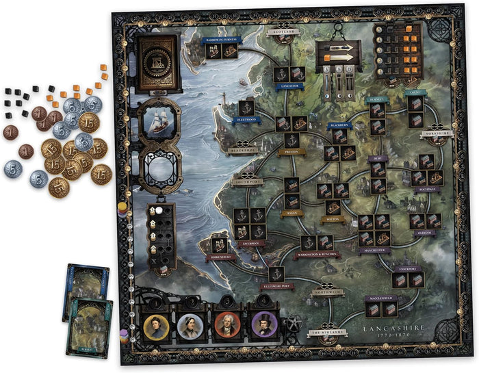 Top-down view of a dark industrial-themed board game map with metal coins, black and orange cubes, and player cards.