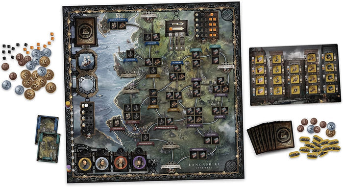 Dark industrial-era board game map with vintage cards, metal-style coins, resource cubes, and player boards.