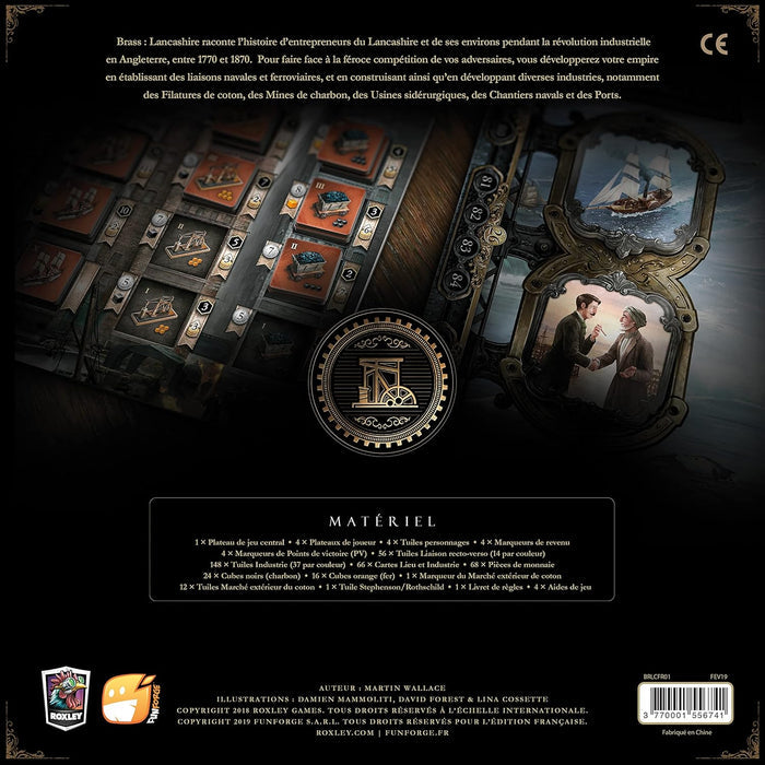 Back of dark board game box with gold gear logo, industrial illustrations, French text, and component list.