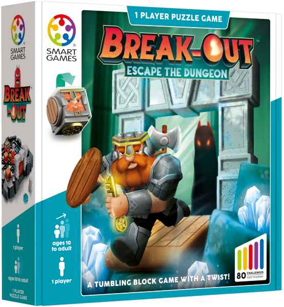 Teal and white game box with a dwarf escaping a dungeon. 1-player tumbling block puzzle game with 80 challenges.