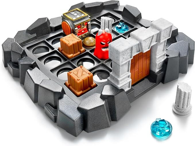 3D dungeon puzzle board with a grey rock border, red monster, stone archway, crates, and blue gems on a black grid.