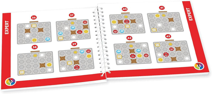 Spiral-bound game book with four game grids per page, featuring colorful yellow, blue, and red square tiles.
