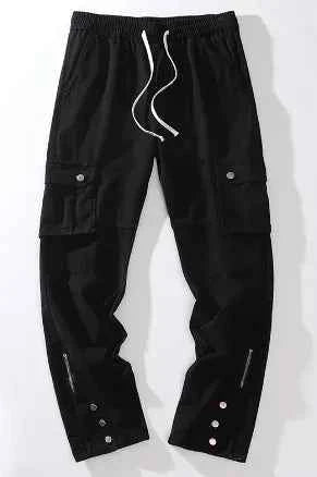 Black women's breasted slit cargo pants with drawstring detail, featuring a relaxed fit and functional pockets.