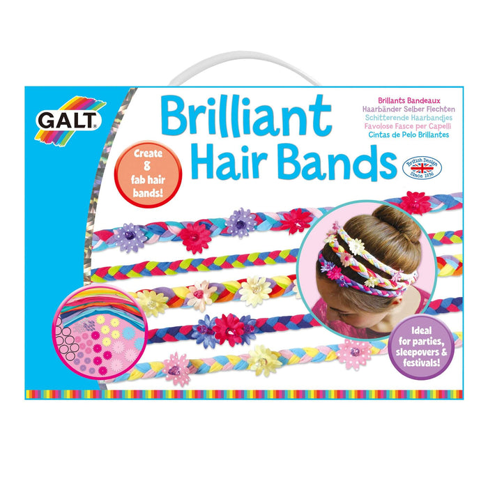 Galt Brilliant Hair Bands kit box featuring colorful braided headbands with flower gems and a girl wearing them.