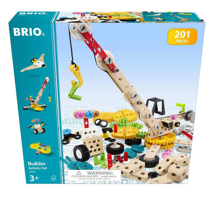 Blue BRIO Builder box showing a large wooden toy crane, colorful gears, and black wheels from the 201-piece set.
