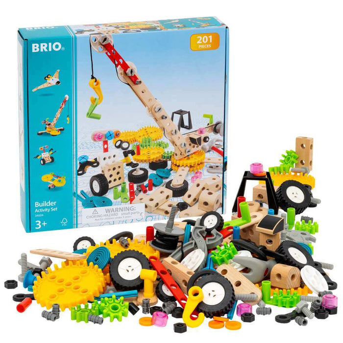 Teal BRIO box next to a pile of wooden blocks, yellow gears, black wheels, and colorful plastic screws and tools.