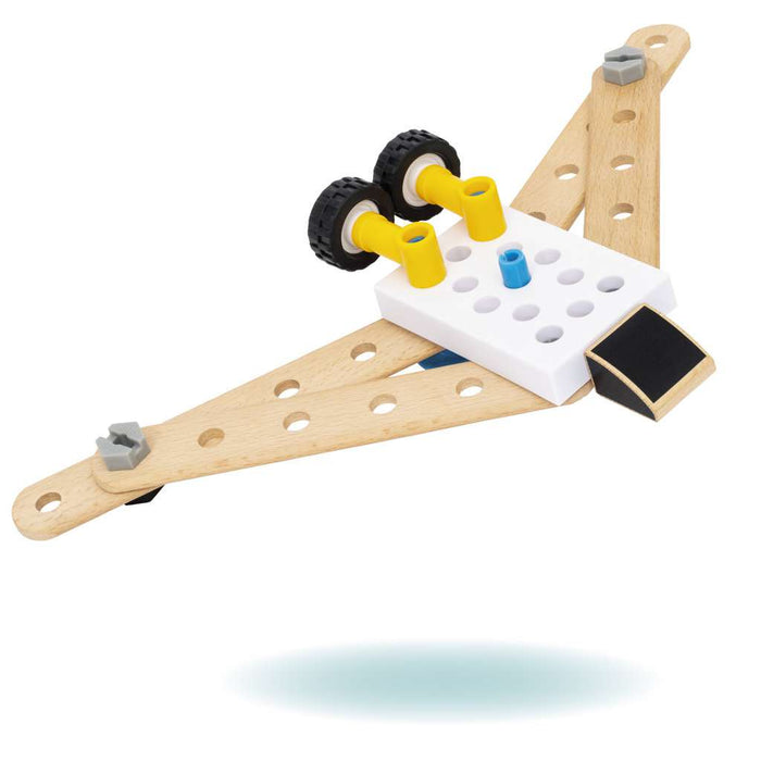 A model airplane built with perforated wooden planks, black wheels, and colorful plastic connectors.
