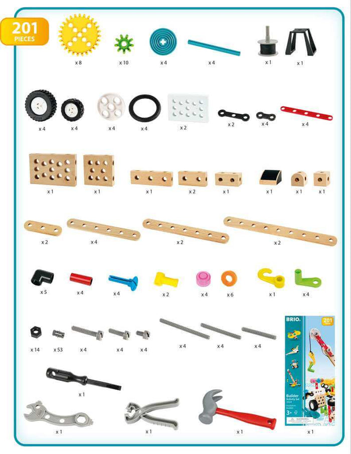 Diagram of 201 toy parts: gears, wooden blocks, colorful connectors, and tools like a hammer and wrench.