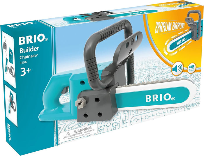 Teal and grey plastic toy chainsaw with a white blade, displayed in its teal and yellow branded product packaging.