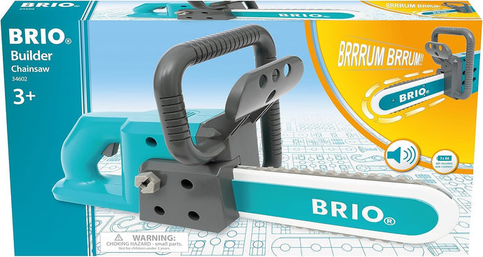 Teal and grey plastic toy chainsaw in its blue and yellow retail box with sound icons and a 3+ age rating.
