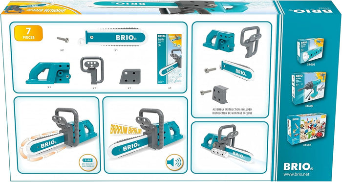 Back of BRIO toy chainsaw box showing 7 teal and grey parts, assembly diagrams, and sound features.