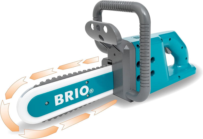 Teal and grey plastic toy chainsaw with white BRIO logo and orange arrows indicating chain movement.