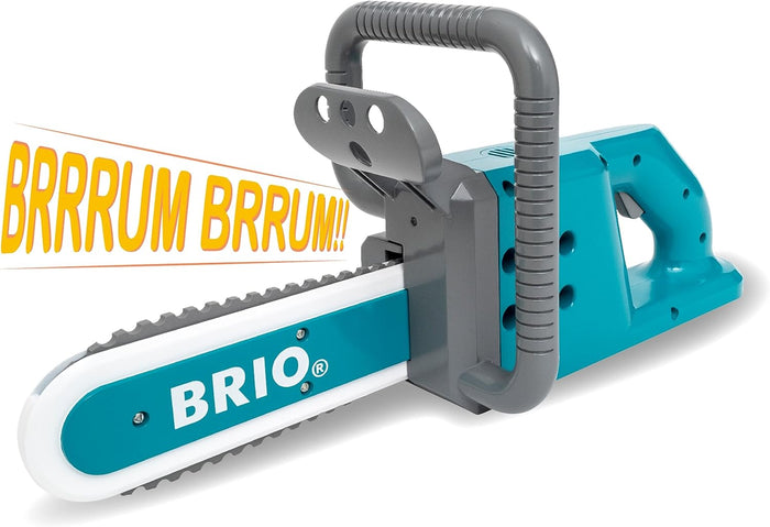 Teal and grey toy chainsaw with BRIO logo on the blade and yellow BRRRUM BRRUM sound effect text graphic.