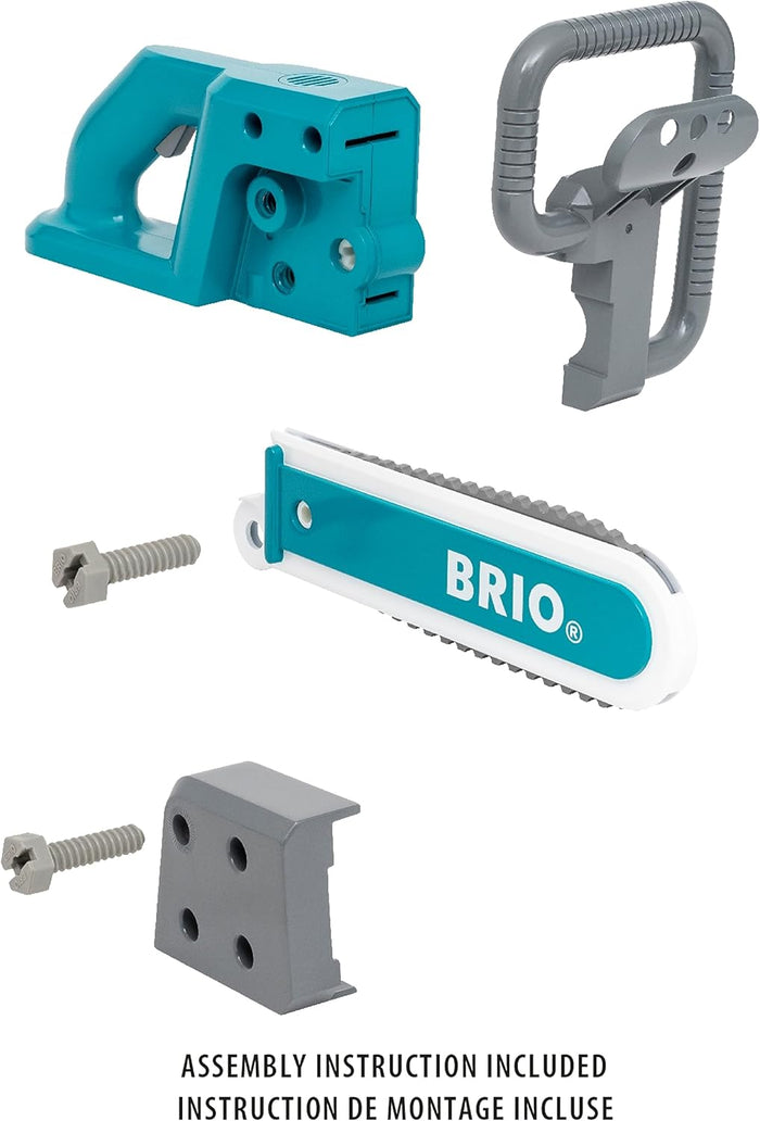 Unassembled teal and grey toy chainsaw parts: body, handle, blade with BRIO logo, plastic bolts, and connector.