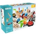 Teal box showing wooden planks, colorful plastic screws, and wheels for a 136-piece building set for children ages 3+.