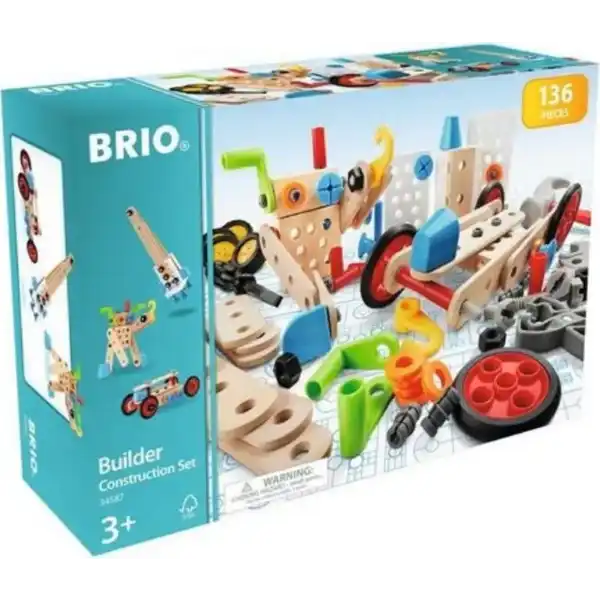 Teal box showing wooden planks, colorful plastic screws, and wheels for a 136-piece building set for children ages 3+.