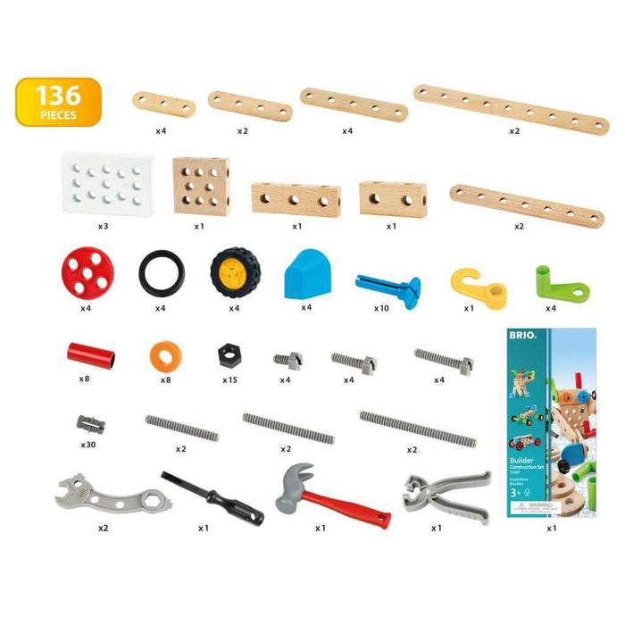 136-piece BRIO Builder set with wooden beams, plates, wheels, colorful bolts, nuts, and four toy hand tools.