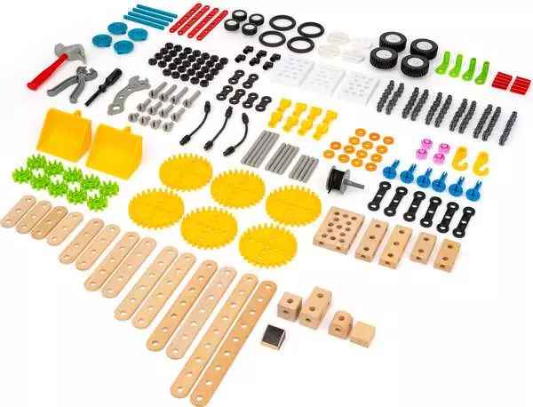 Colorful 271-piece construction toy set with wooden beams, plastic gears, wheels, and tools arranged on a white surface.